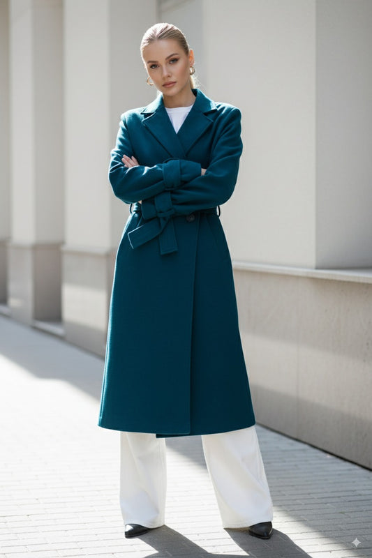 Faiyum Coat – Wool Blend Dark Teal Overcoat, Long Winter Coat