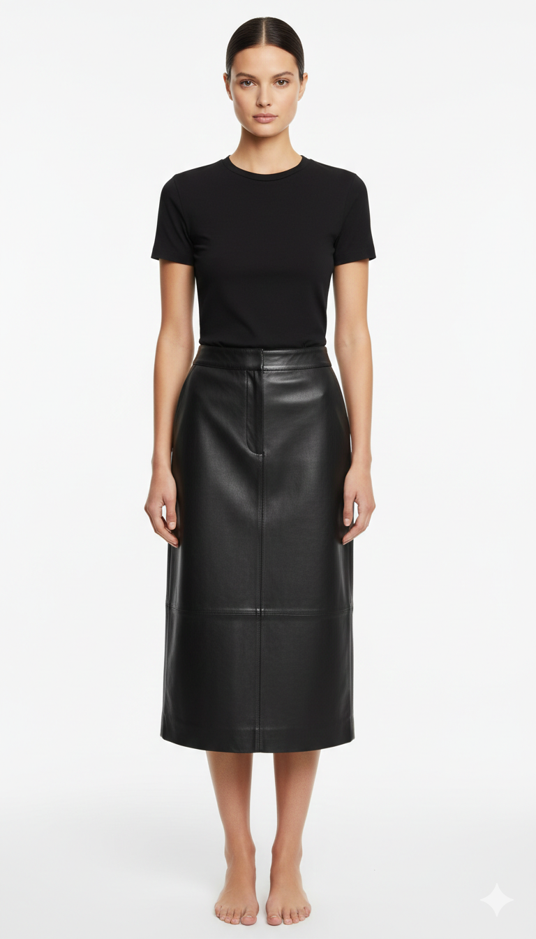 Arish Leather Midi Skirt Black