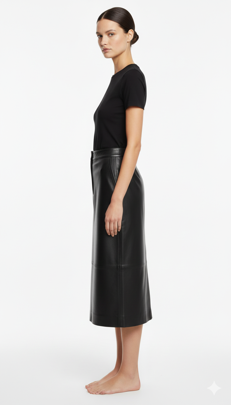 Arish Leather Midi Skirt Black