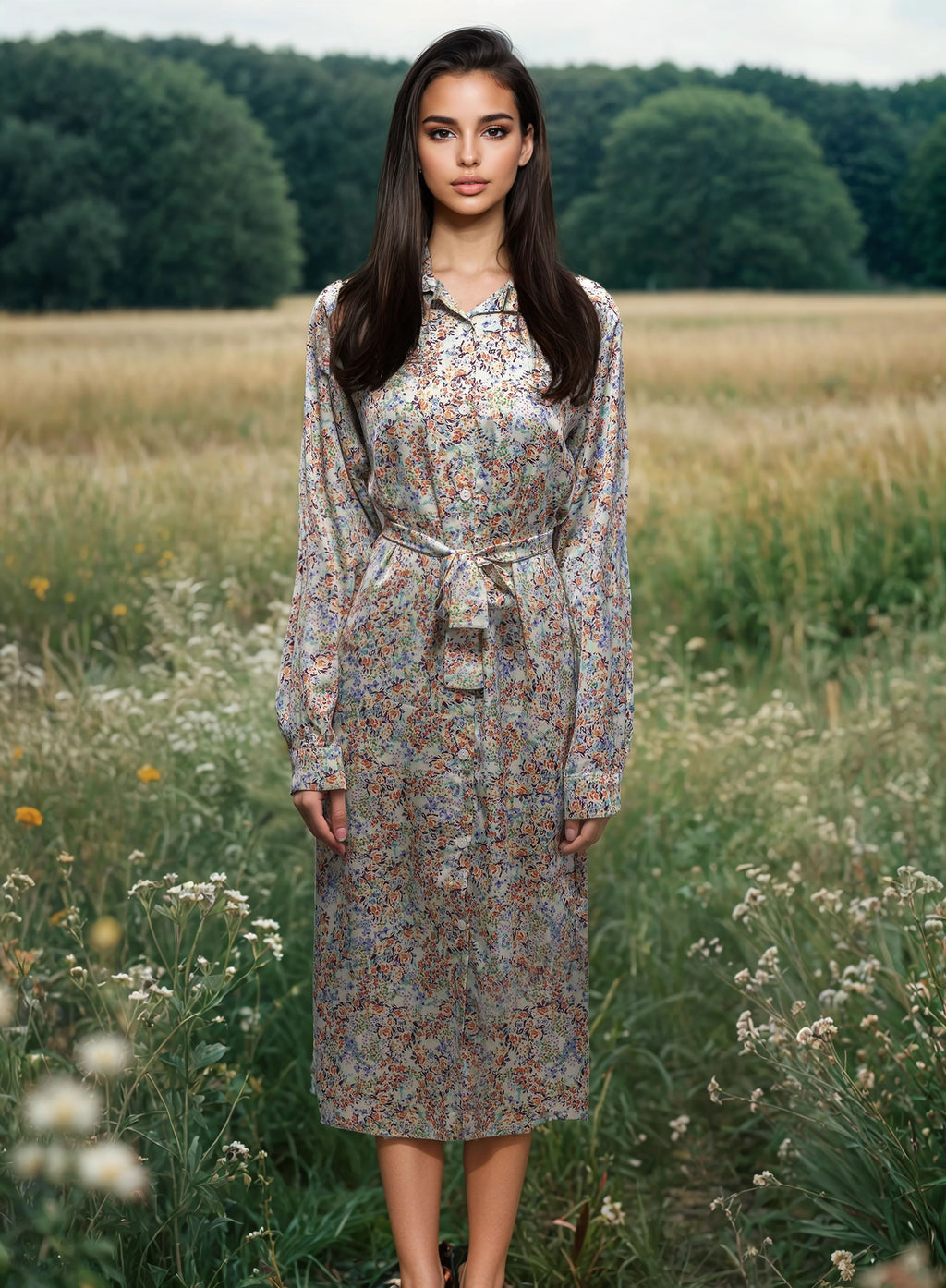 Riva Blossom Satin Maxi Dress – Floral Shirt Dress in Luxury Satin