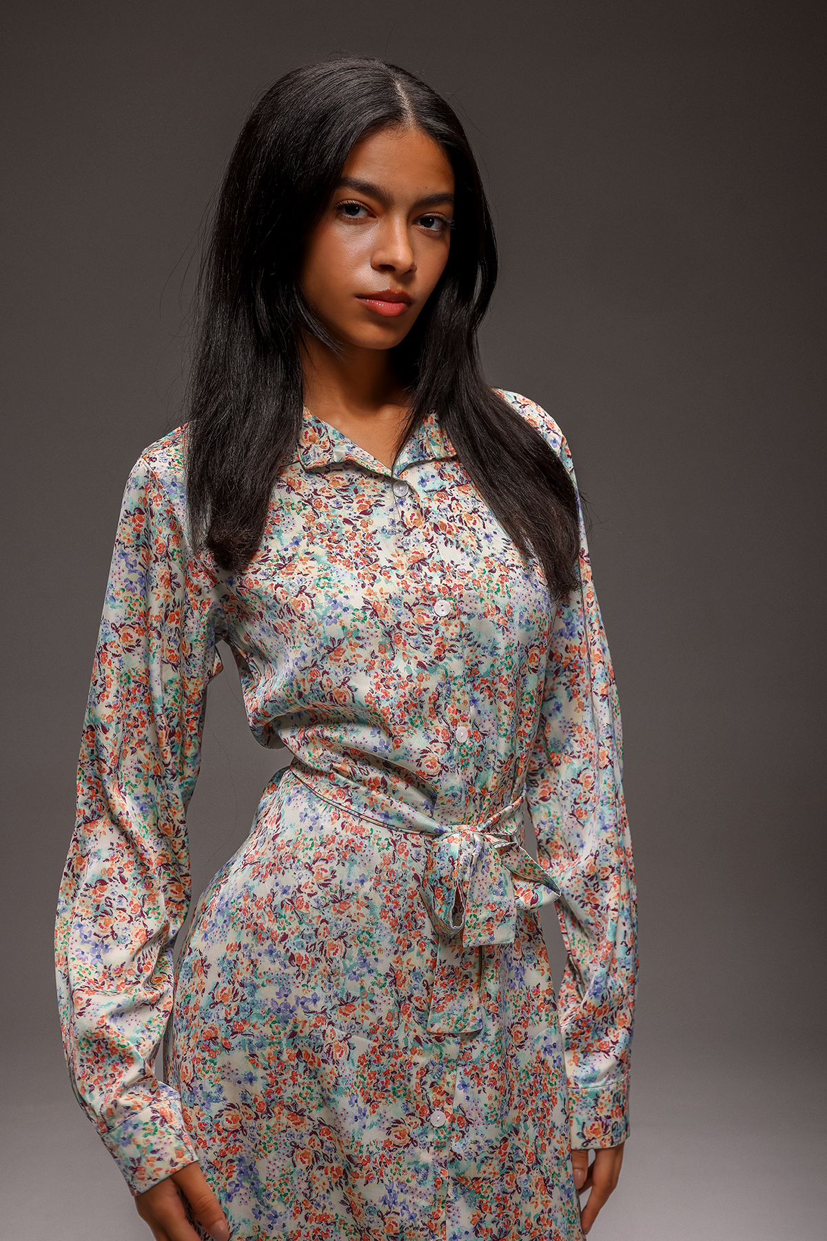 Riva Blossom Satin Maxi Dress – Floral Shirt Dress in Luxury Satin