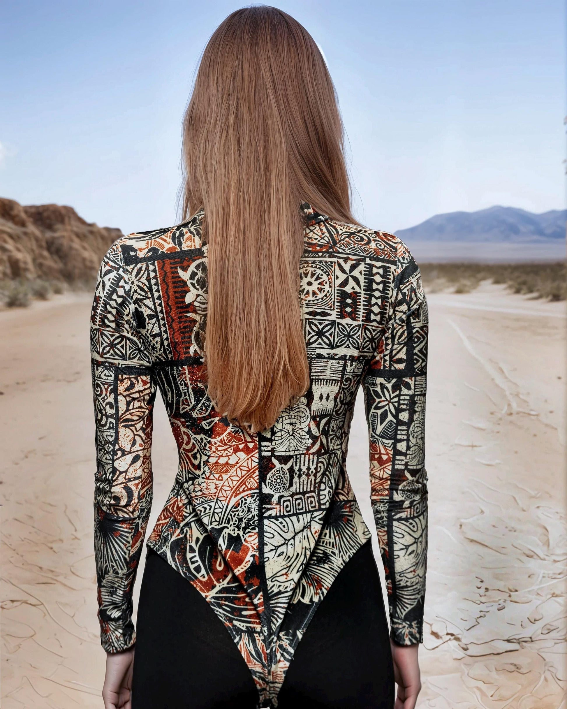 Avant Garde High Neck Multicolor Long Sleeve Velvet Bodysuit, Stylish Bodysuit for Women
