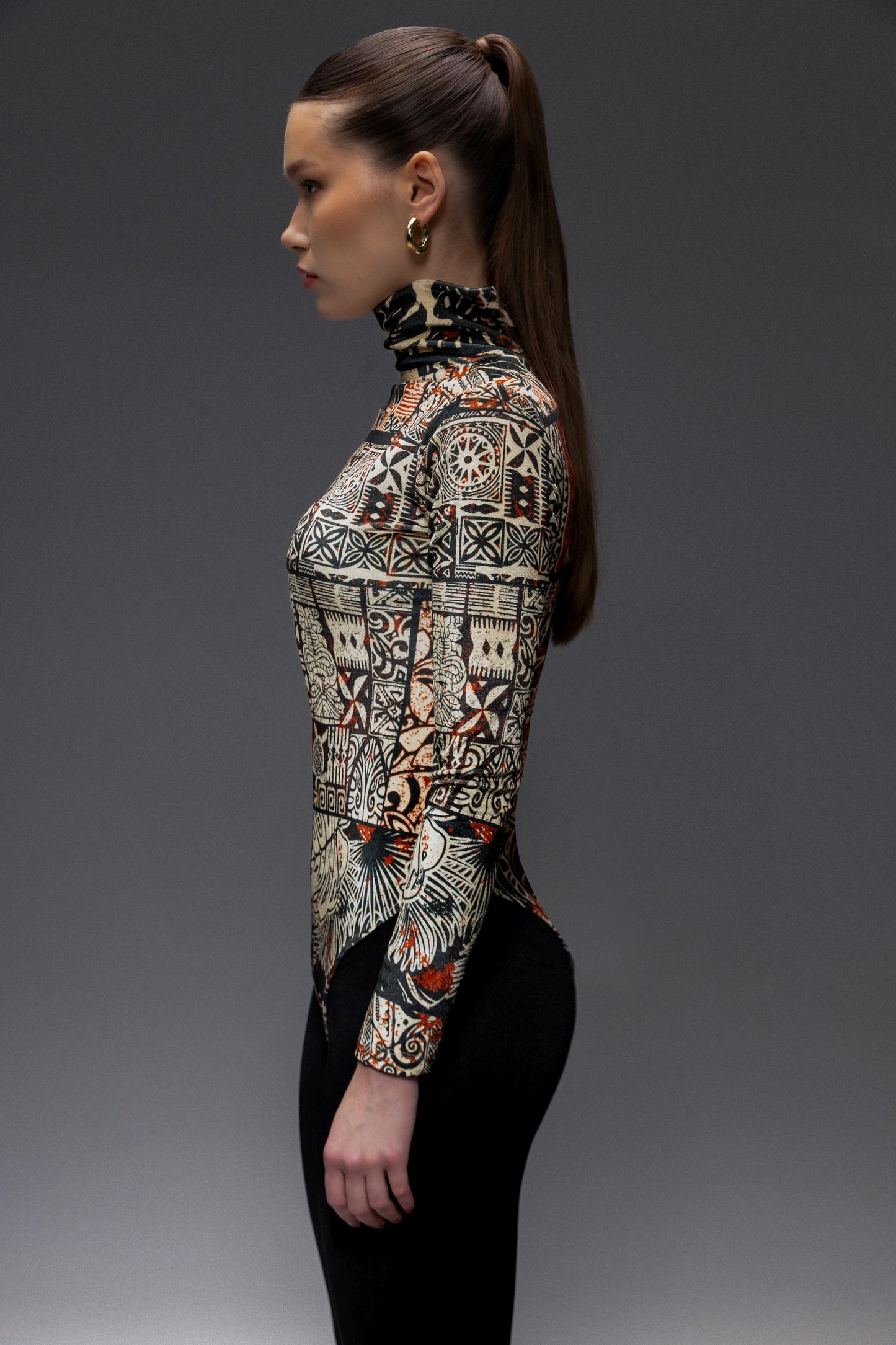 Avant Garde High Neck Multicolor Long Sleeve Velvet Bodysuit, Stylish Bodysuit for Women