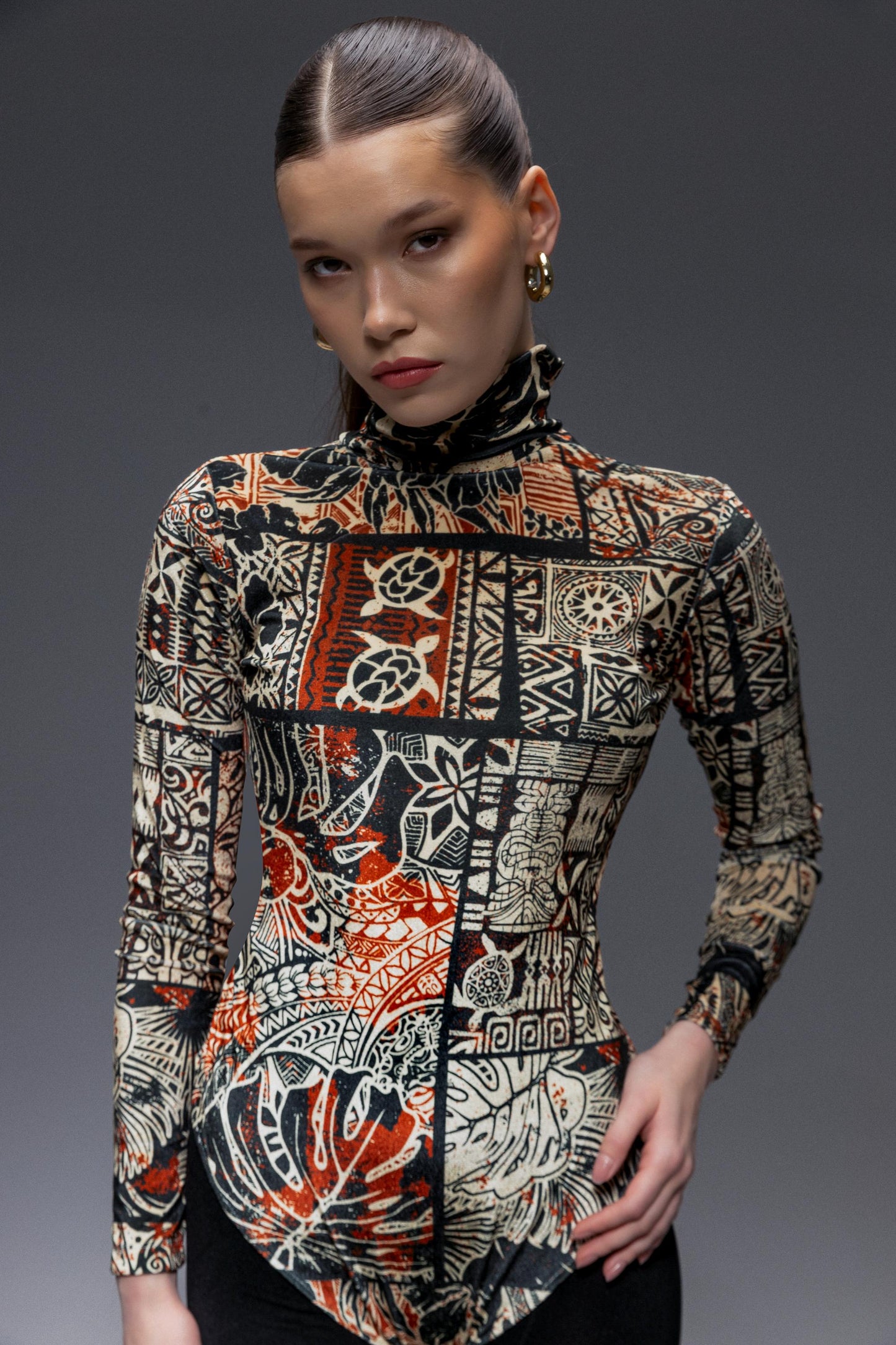 Avant Garde High Neck Multicolor Long Sleeve Velvet Bodysuit, Stylish Bodysuit for Women