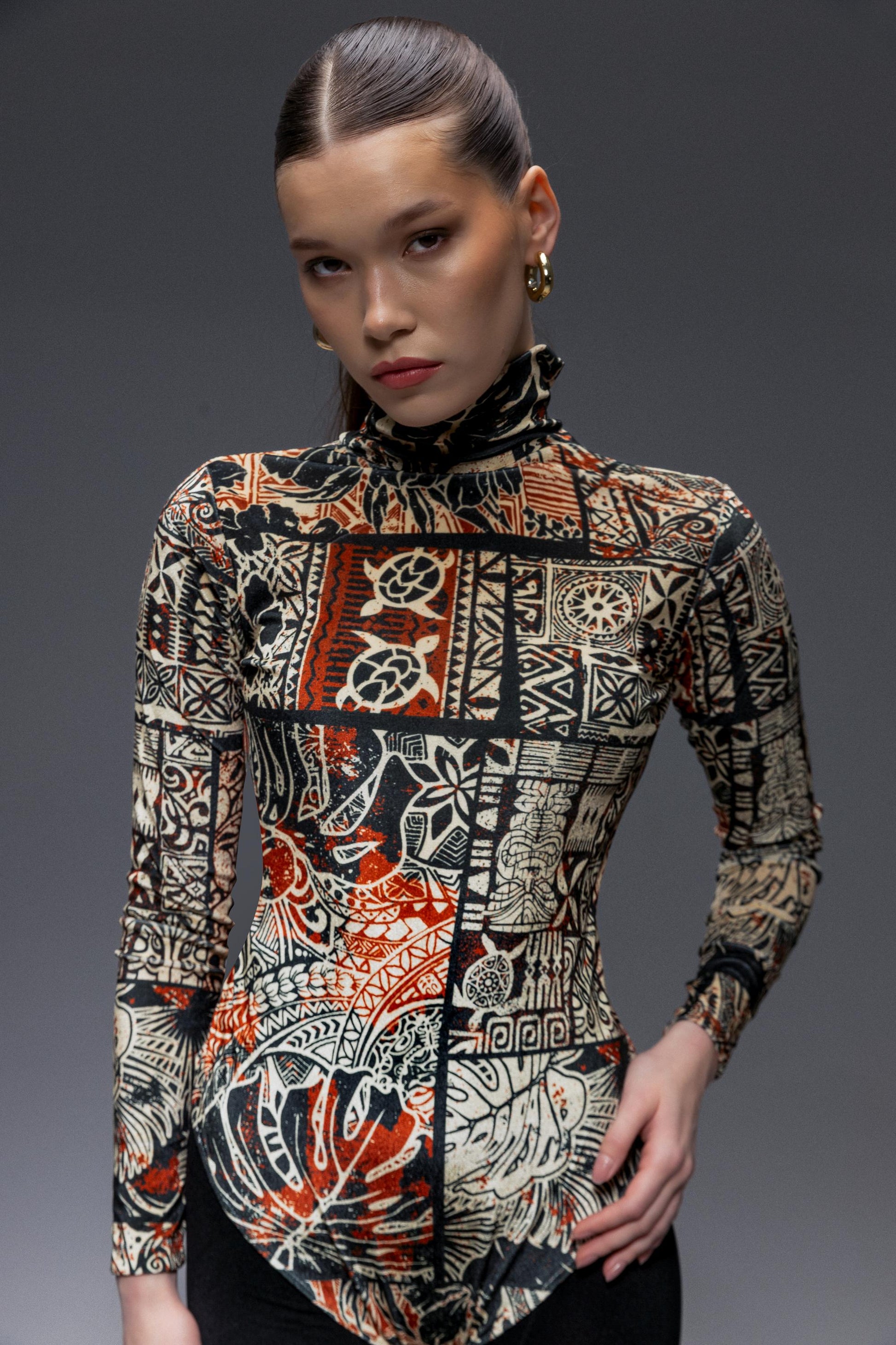 Avant Garde High Neck Multicolor Long Sleeve Velvet Bodysuit, Stylish Bodysuit for Women
