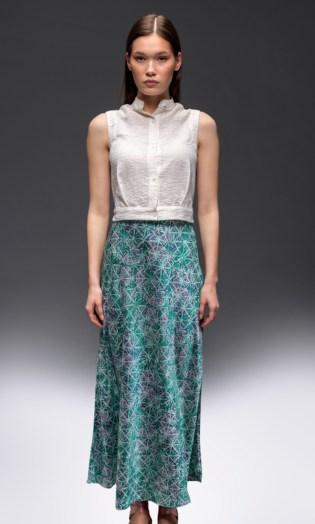 Kaleidoscope Maxi Satin Skirt – A-Line Midi in Luxury Satin