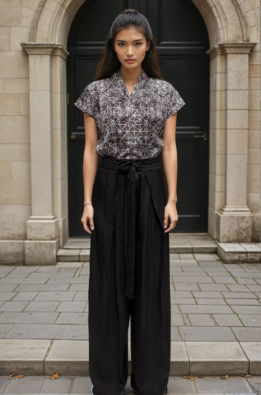Kaleidoscope Pattern Satin Henley Drop Cut Blouse -Coming Soon