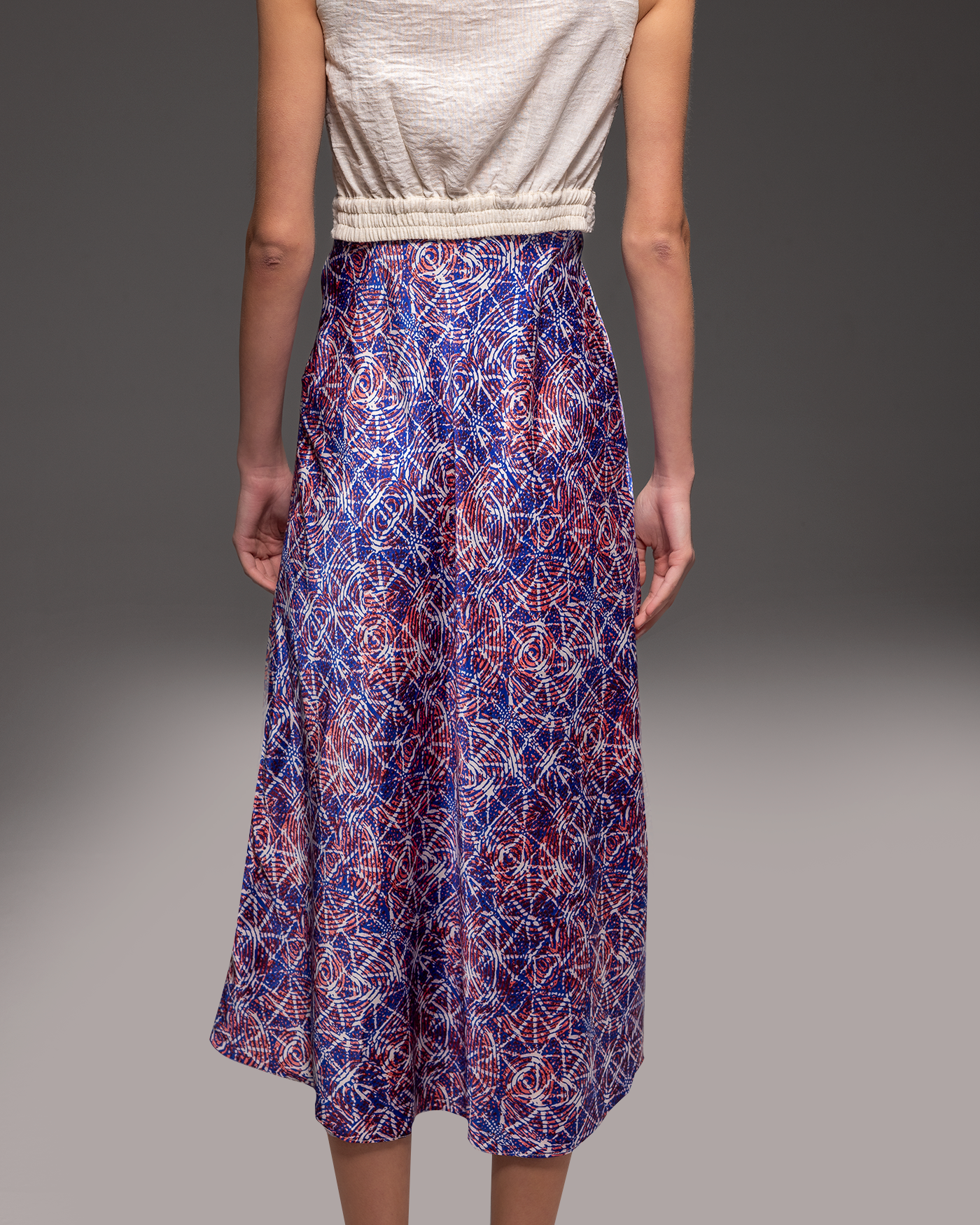 Kaleidoscope Maxi Satin Skirt – A-Line Midi in Luxury Satin
