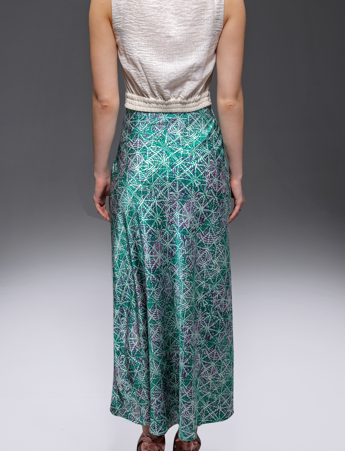 Kaleidoscope Maxi Satin Skirt – A-Line Midi in Luxury Satin
