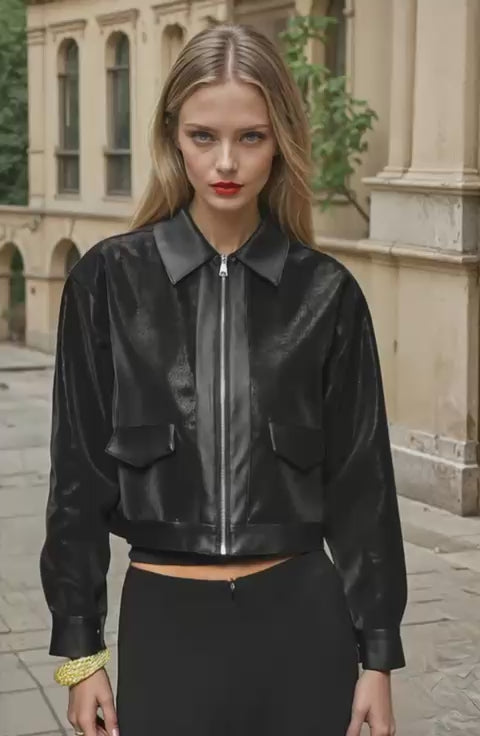 Arish Leather Jacket Athletic Mid-Weight Short Jacket  Black