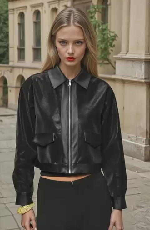 Arish Leather Jacket Athletic Mid-Weight Short Jacket  Black