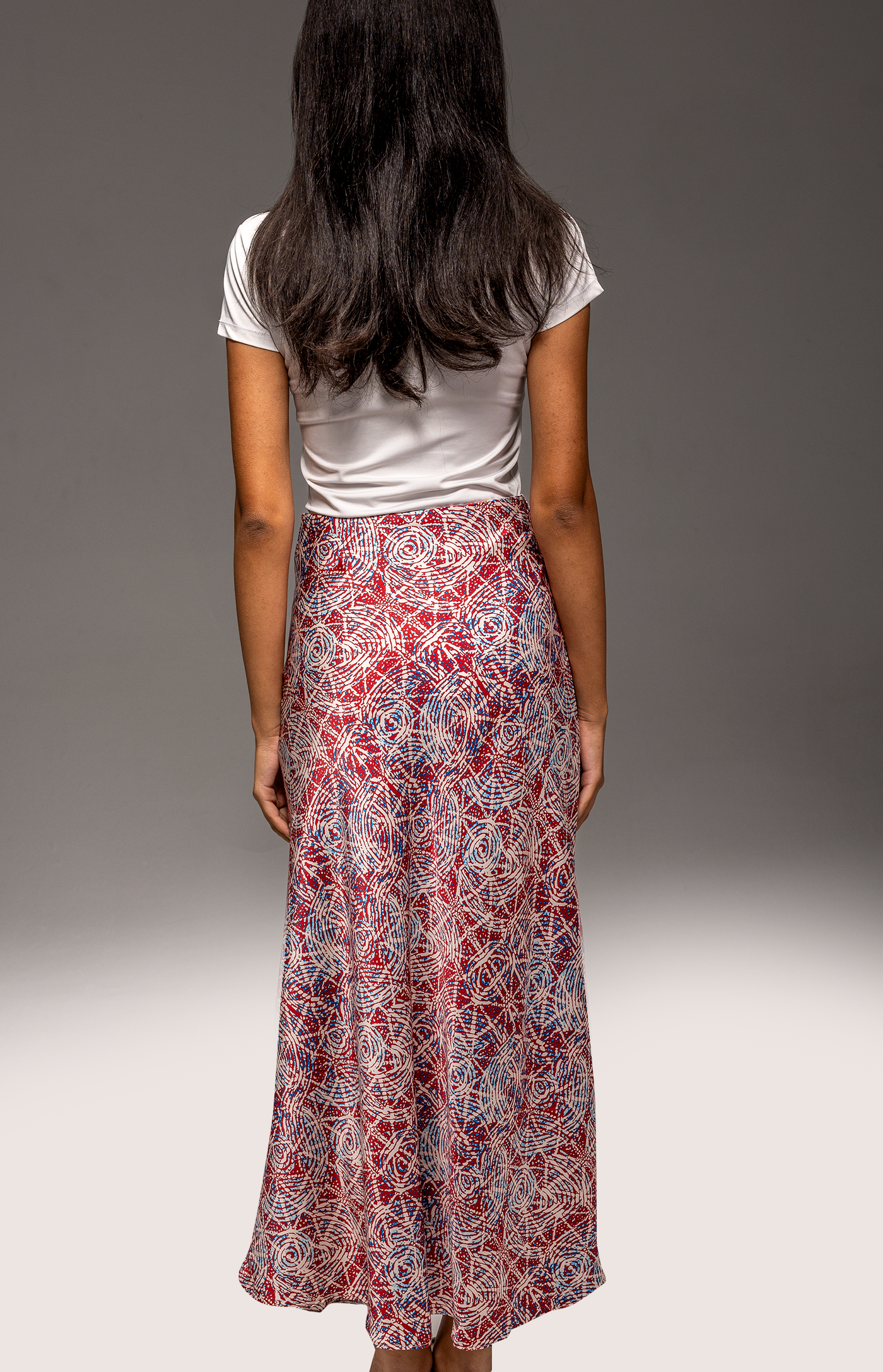 Kaleidoscope Maxi Satin Skirt – A-Line Midi in Luxury Satin