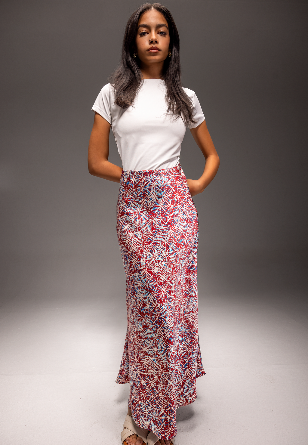 Kaleidoscope Maxi Satin Skirt – A-Line Midi in Luxury Satin