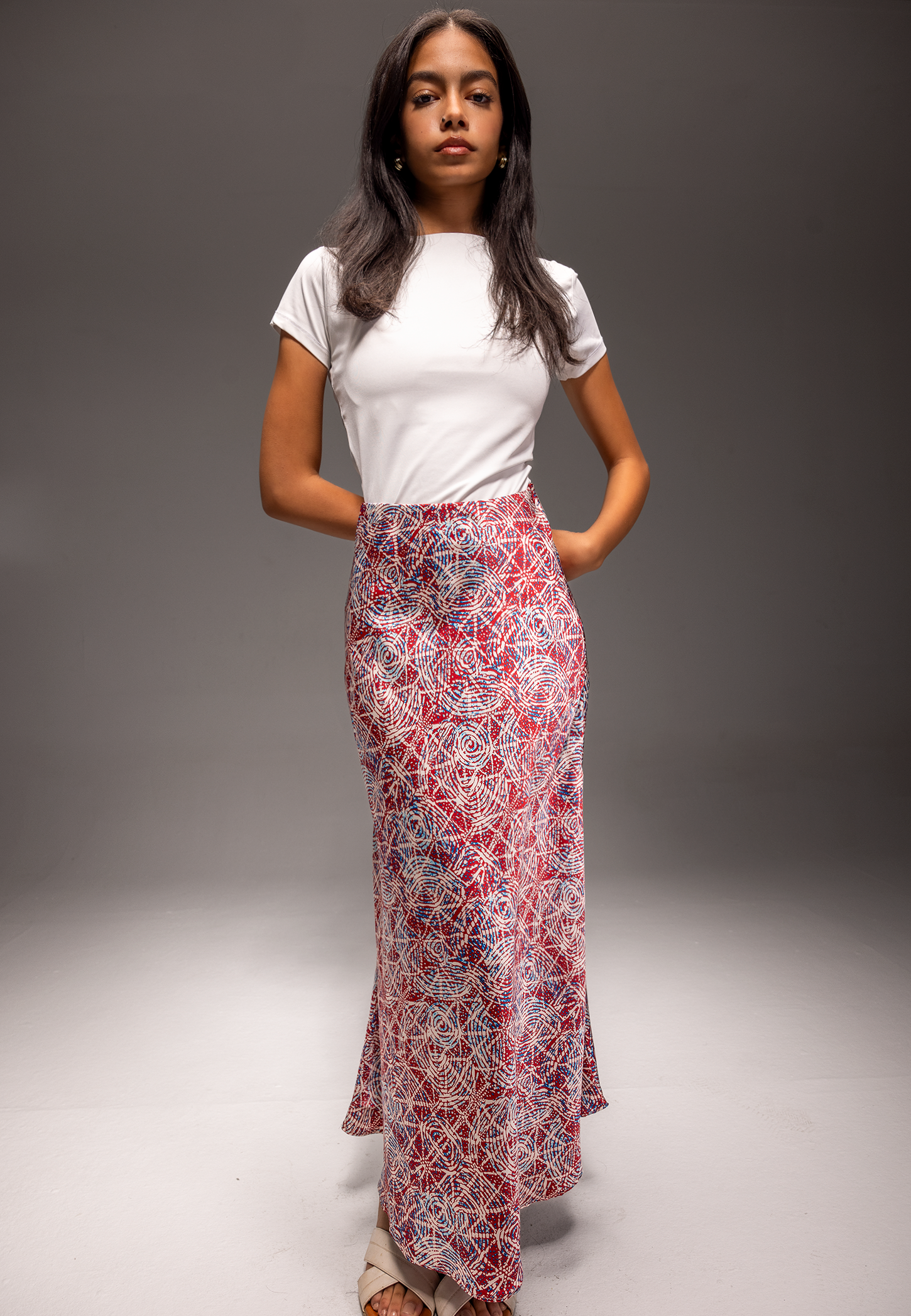 Kaleidoscope Maxi Satin Skirt – A-Line Midi in Luxury Satin